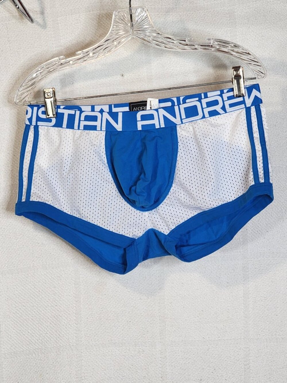 Andrew Christian Cotton Span Turquoise and White Show It Sports Mesh Trunks XL